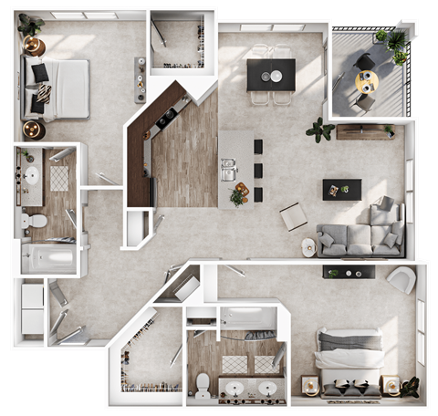 Floor plan for 2 beds, 2 baths, 1328 sqft